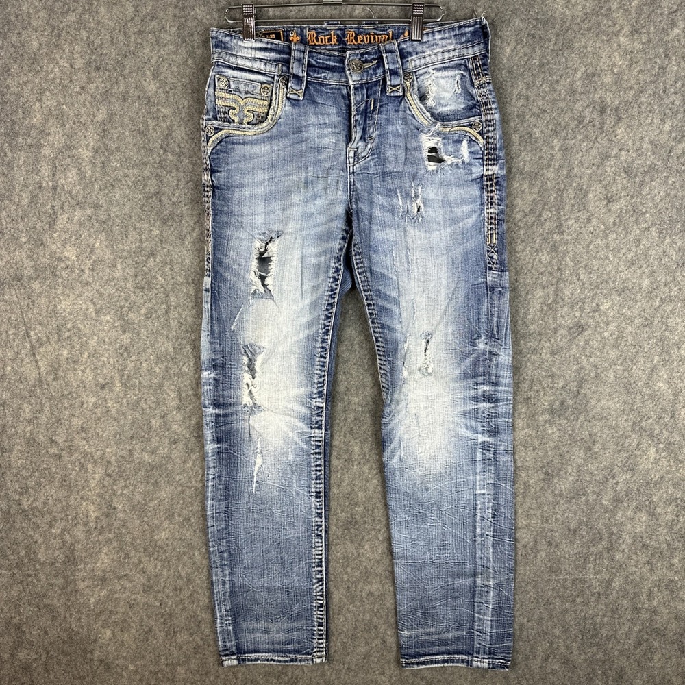 Rock Revival Jeans Mens 27 Blue Biscay Bay Slim Straight Distressed Thick Stitch